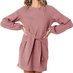 Long Sleeve Tie-Front Knit Dress in Rose Mauve